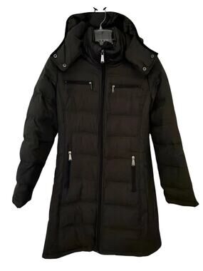 Michael Kors Down Puffer Coat Womens Small Black Hooded Mid Length Jacket
